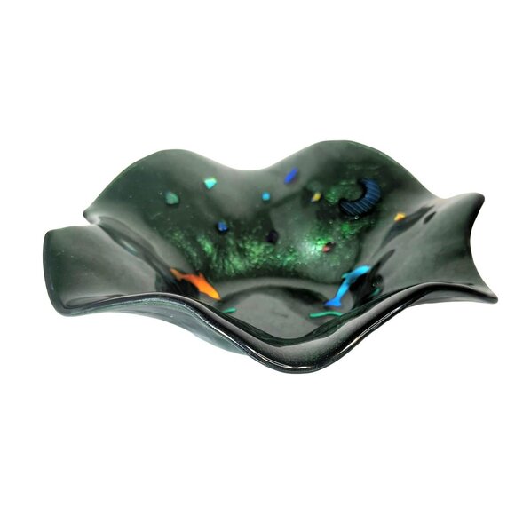 Handcrafted Studio Art Glass Green Iridescent Bowl With Dolphin Accents Signed - Picture 1 of 7